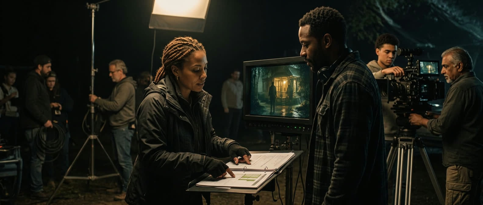 Independent filmmakers reviewing a scene together at a production monitor